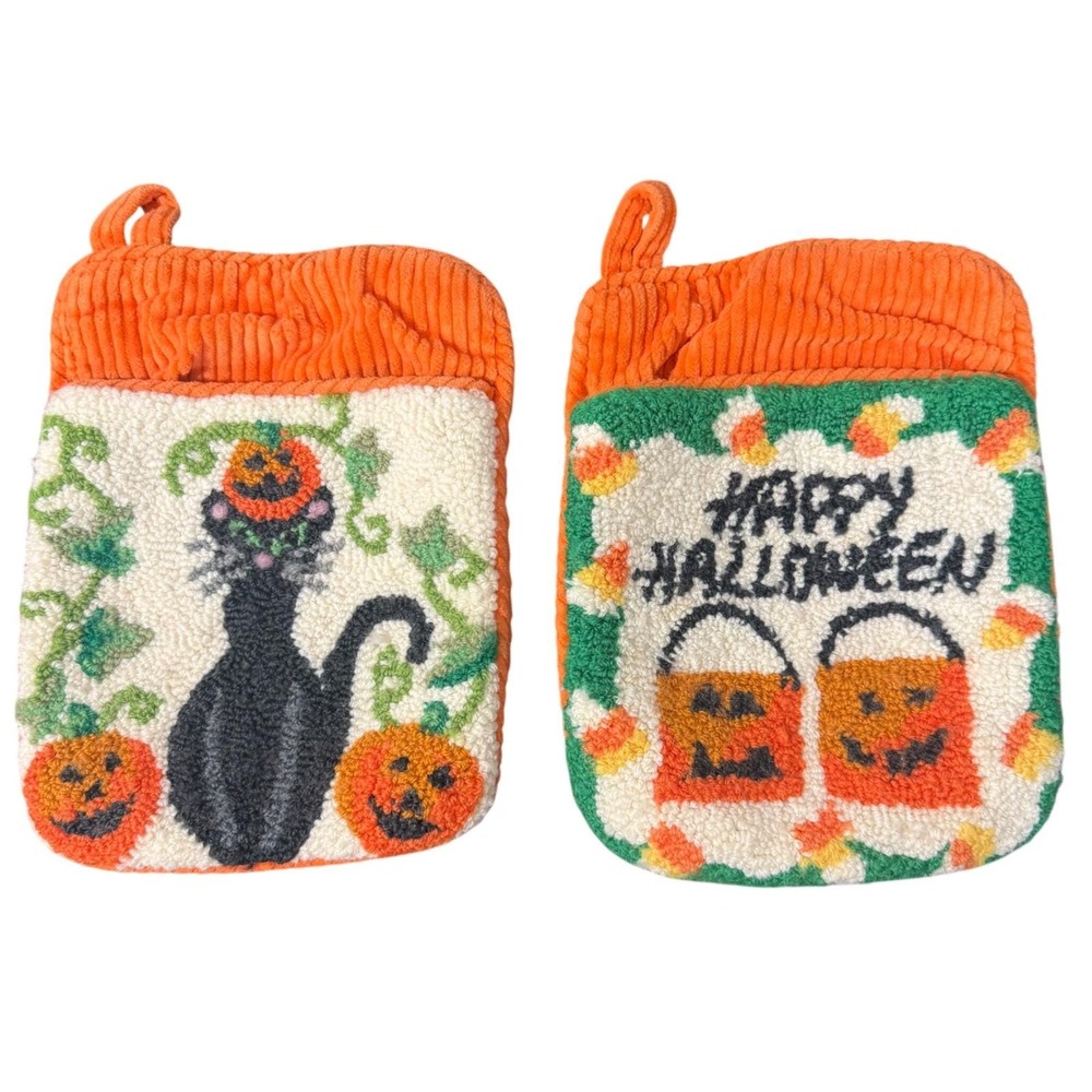 Vintage Halloween Potholders Black Cat Orange Pumpkin Kitsch Fall Decor Kitchen